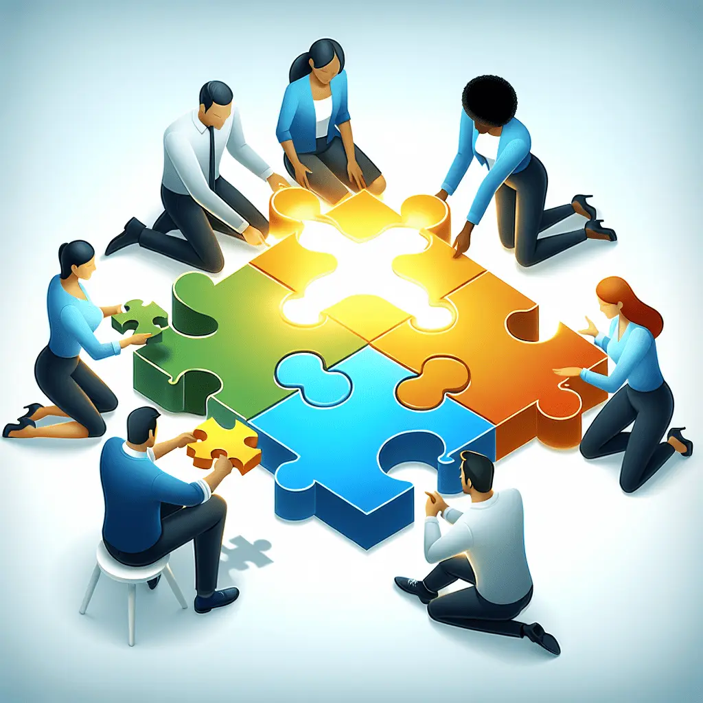 A modern, clean, digital illustration showcasing a diverse team of four people, dressed in business casual attire, collaboratively assembling puzzle pieces. Each puzzle piece is a distinct color (blue, green, yellow, orange). The puzzle pieces are being fitted together to form the shape of a glowing, stylized cloud icon suspended in mid-air. The background is a gradient of light blue and white, suggesting a bright and efficient workspace. No text, letters, or words should be rendered in the image.